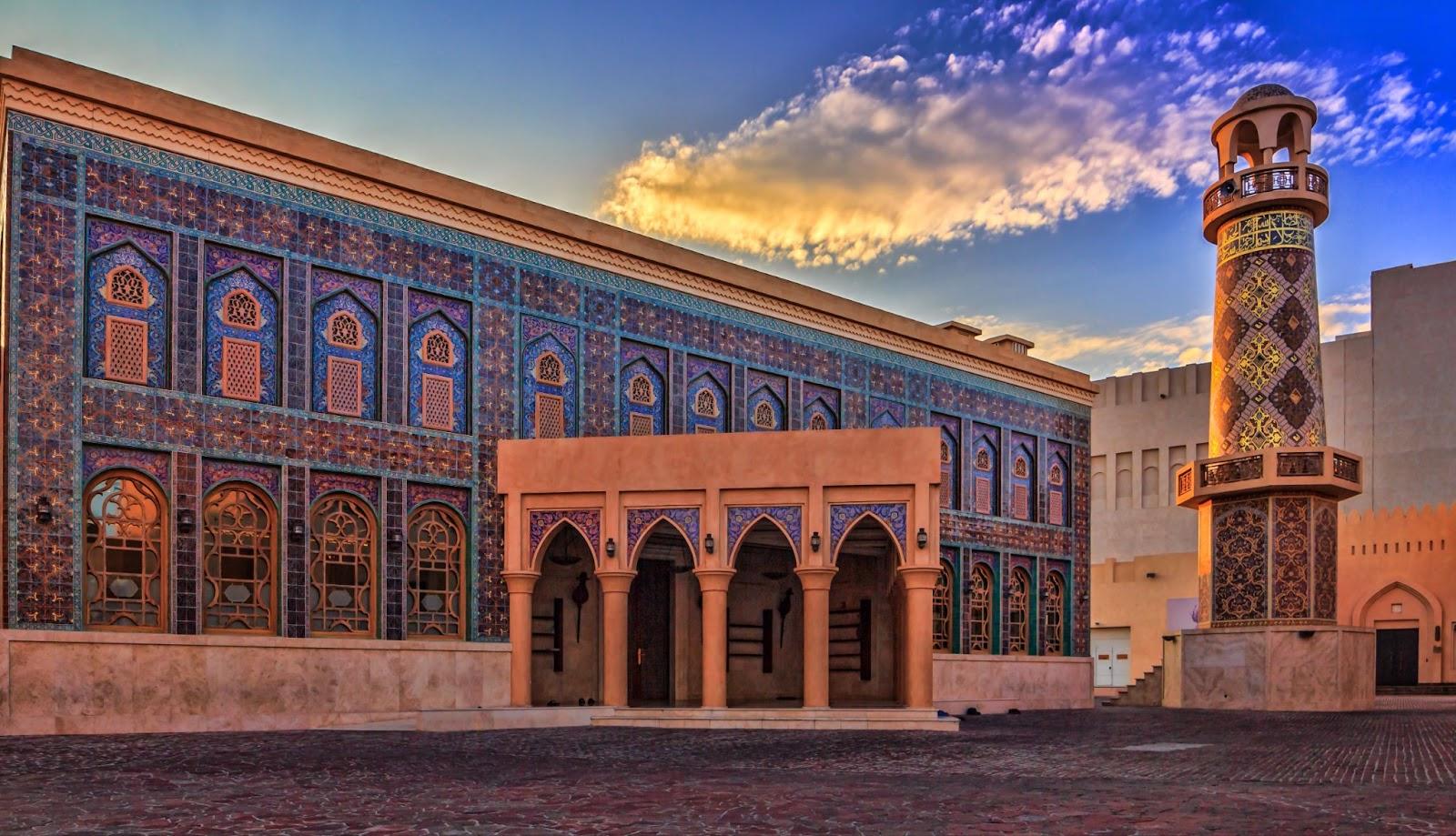 Katara mosque in Doha Qatar exterior daylight view with clouds in the sky