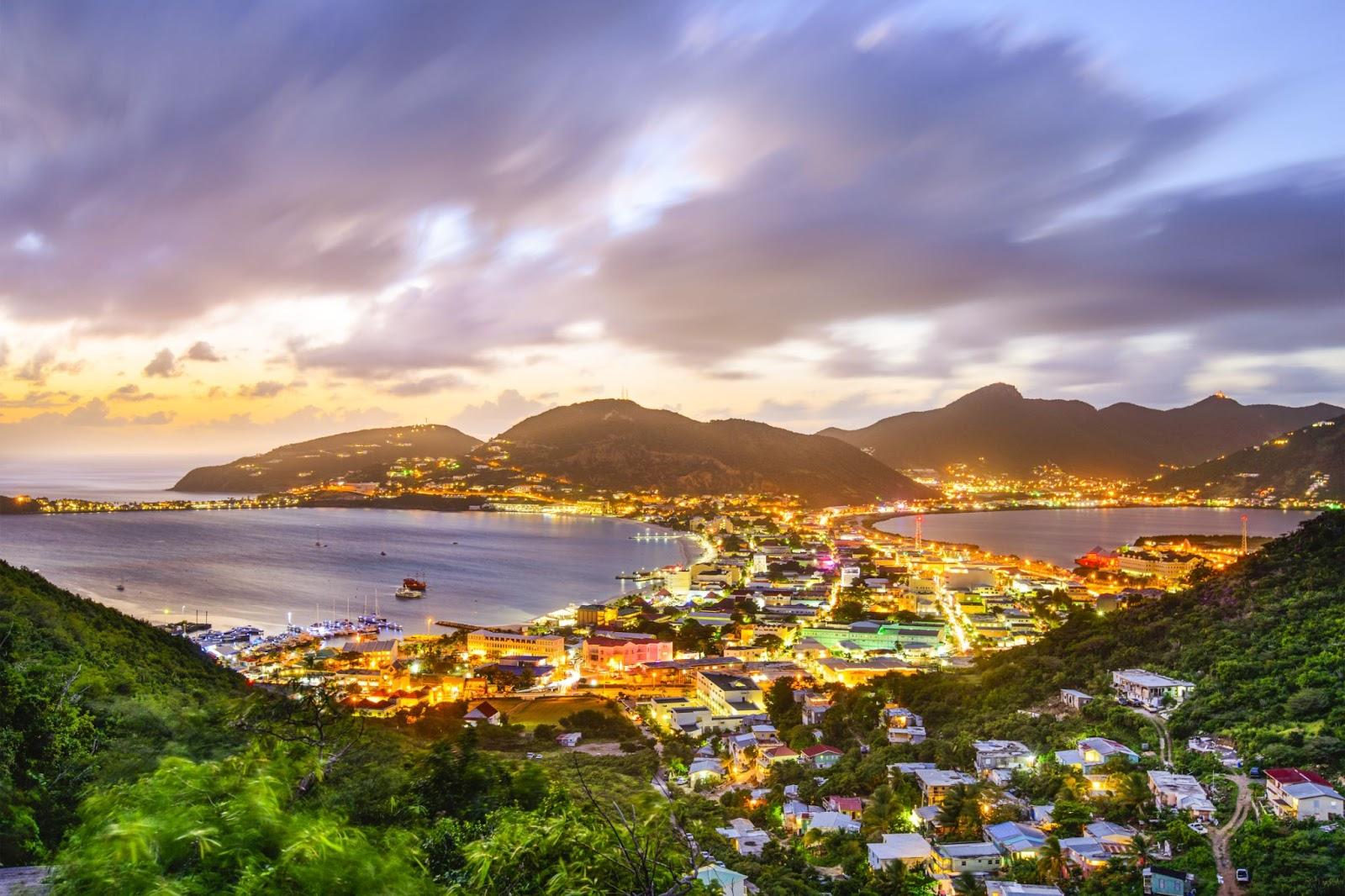 Philipsburg, Sint Maarten, Dutch Antilles cityscape at the Great Salt Pond.