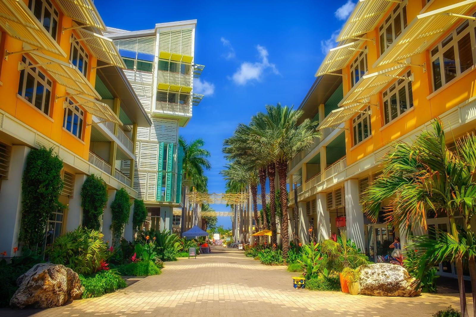 Grand Cayman, Cayman Islands, The Paseo in Camana Bay a modern waterfront town in the Caribbean