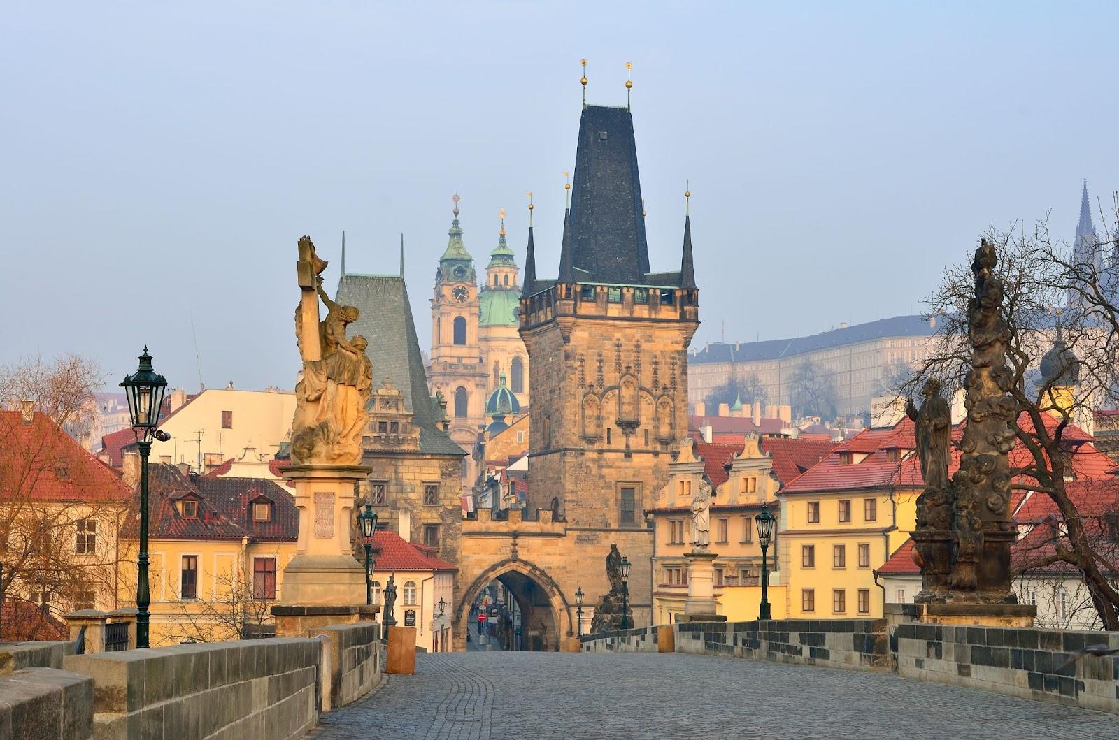 View of the Lesser Bridge Tower (Little Quarter Bridge Tower) of Charles Bridge (Karluv Most), Prague, the Czech Republic.