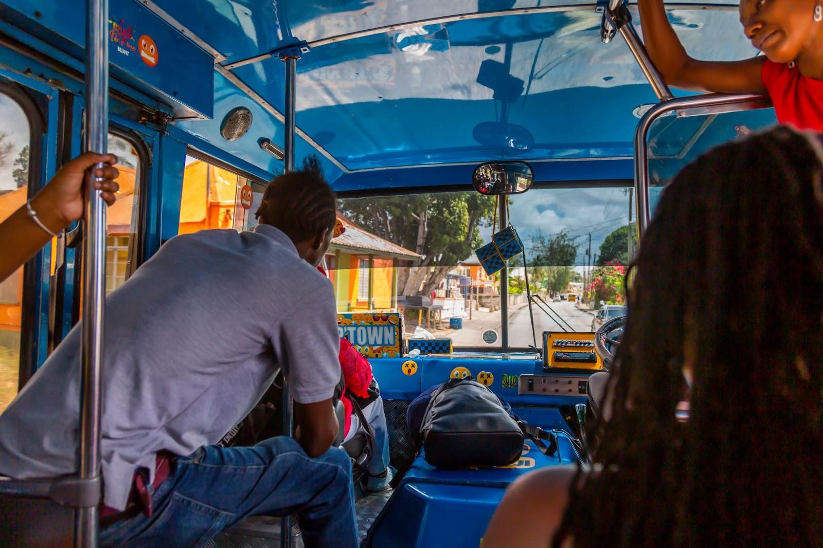 Onboard a traditional 'Reggae Reggae' bus near Holetown, Barbados,