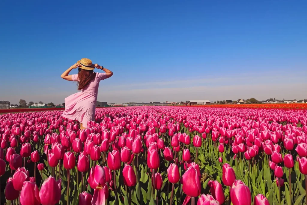 Young woman tourist in pink dress and straw hat standing in blooming tulip field.