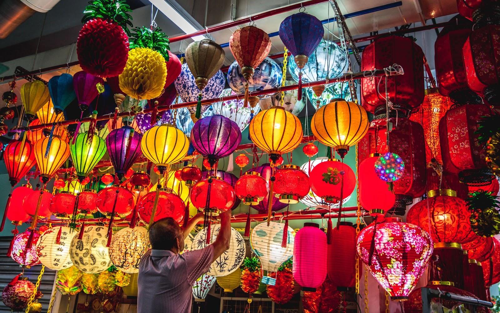 Displays of colorful Chinese New Year Lanterns on Street in Chinatown, Singapore.