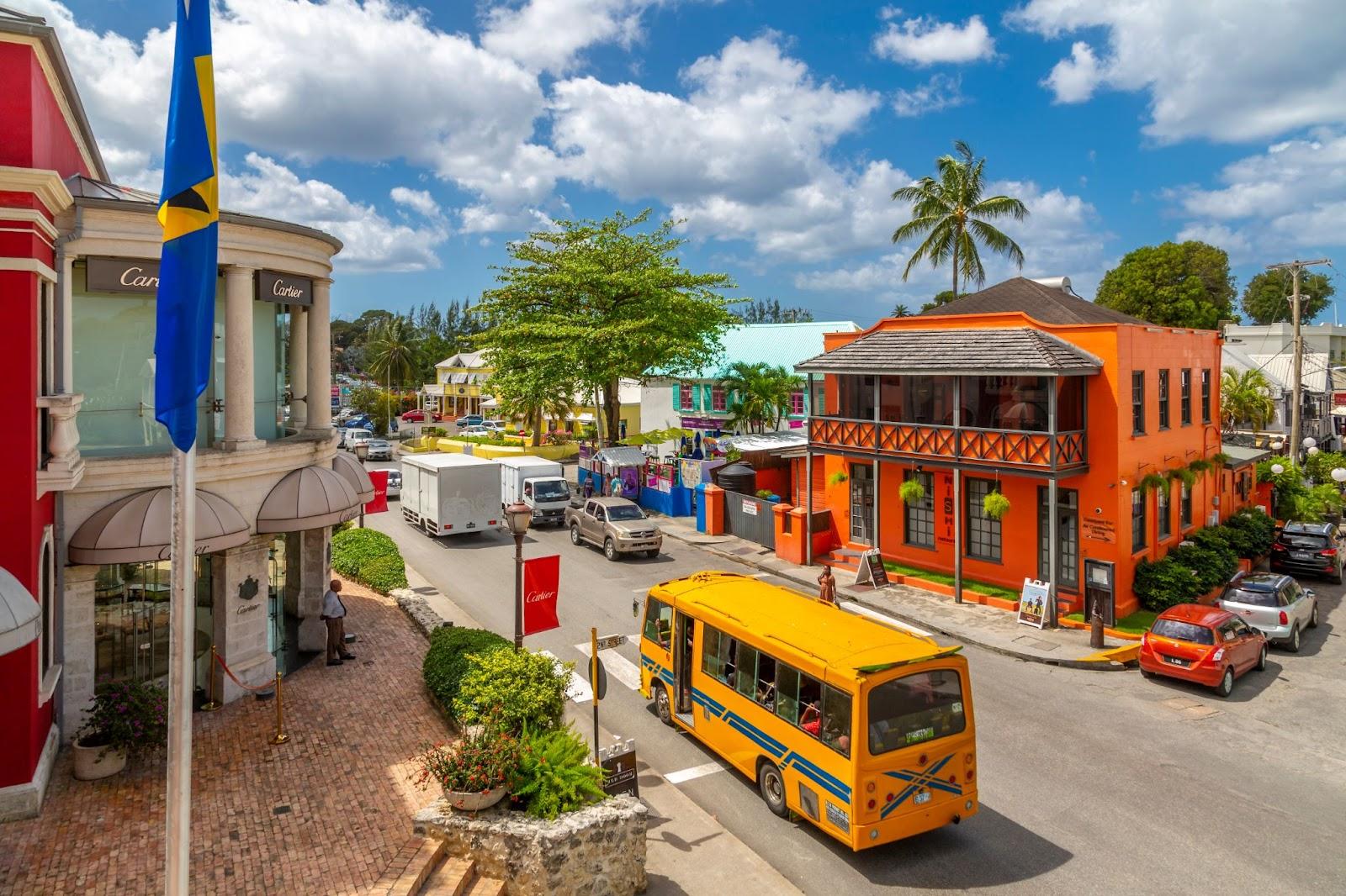 View of traditional 'Reggae Reggae' bus at Holetown, Barbados, 