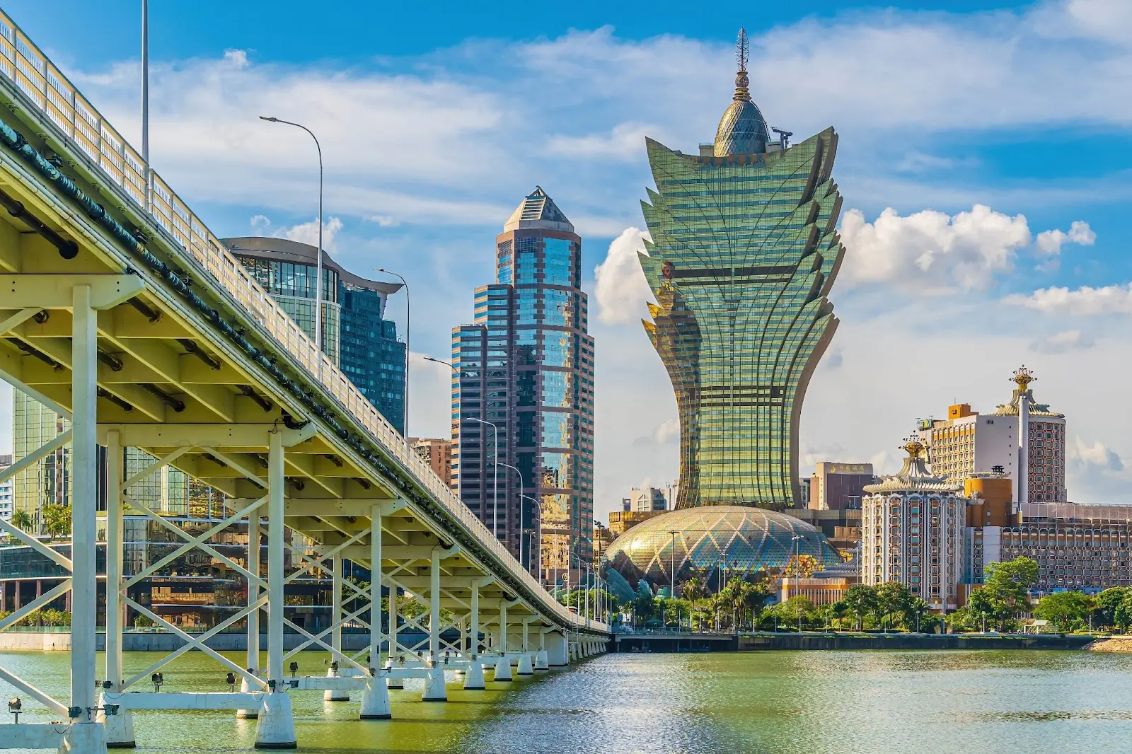 Macau, downtown city skyline, cityscape of China at sunset.