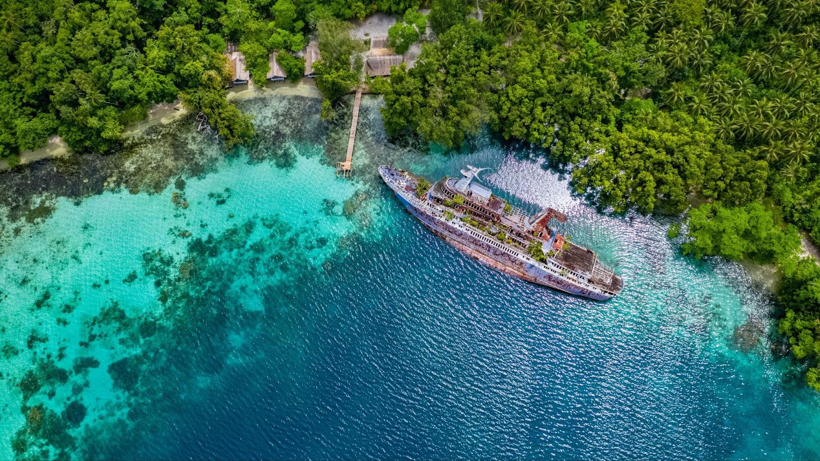 Half sunken ship at Roderick Bay in Solomon Island.