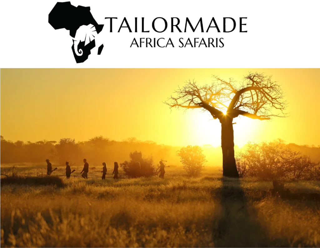 Tailor Made Africa Safari logo and and landscape of Africa with travellers and a sunset 