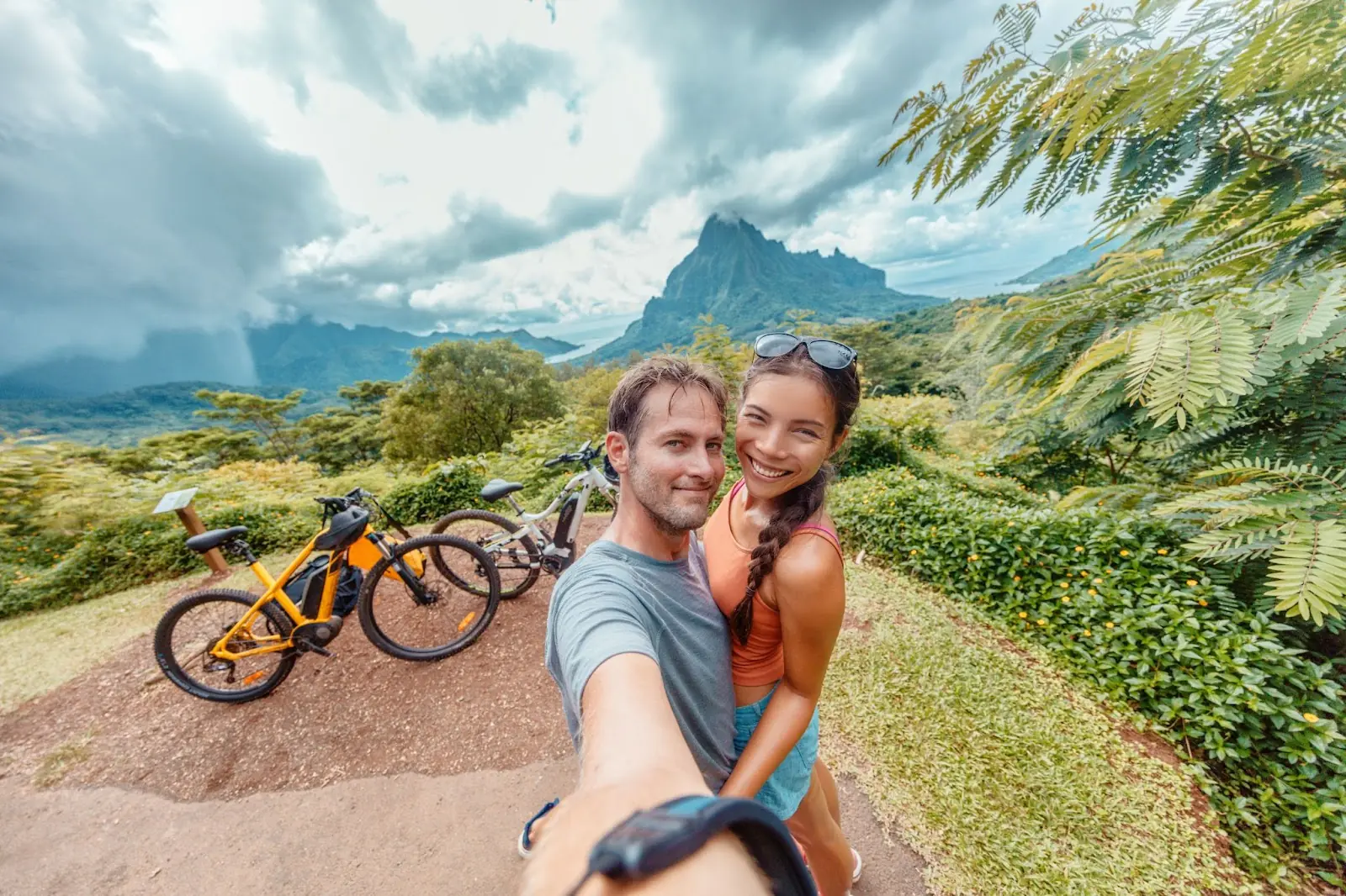 E-biking couple selfie Moorea Island - inland wonder