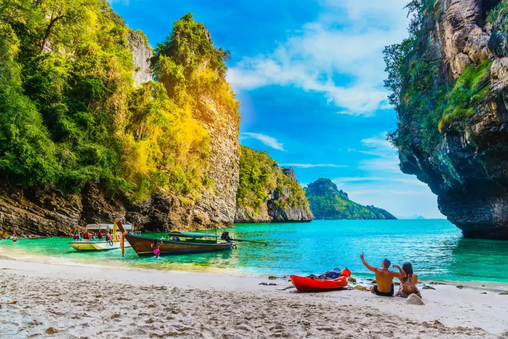 Landscape of natural sea beach on small island, Activity happy couple traveler, Poda island, Andaman sea, Krabi, Travel Thailand, Beautiful destination place Asia, Summer holiday outdoor vacation trip