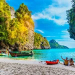 Landscape of natural sea beach on small island, Activity happy couple traveler, Poda island, Andaman sea, Krabi, Travel Thailand, Beautiful destination place Asia, Summer holiday outdoor vacation trip