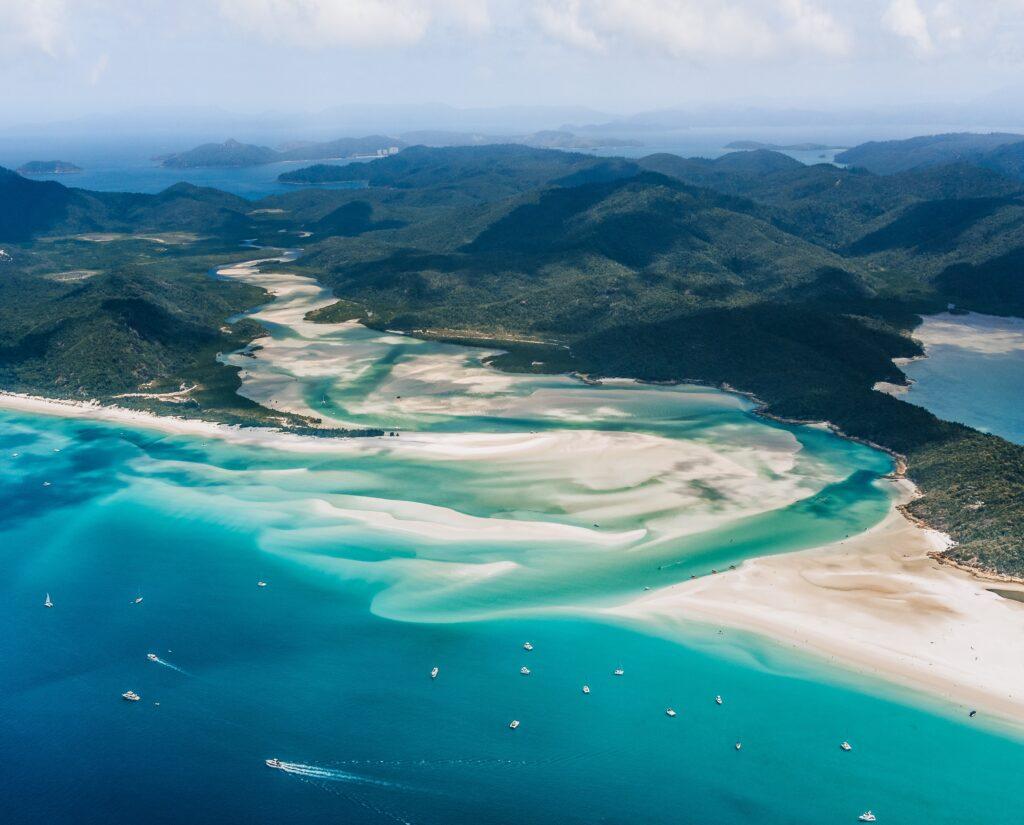 Whitehaven Beach and Hill inlet. Aerial Drone Shot. Whitsundays Queensland Australia, Airlie Beach.