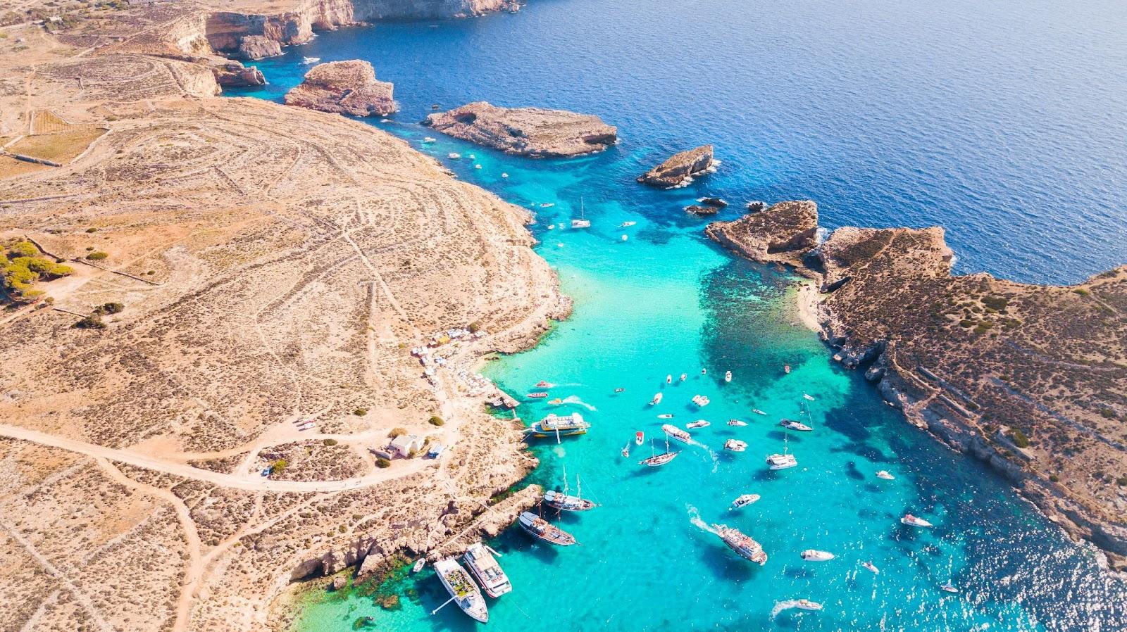 Drone shot of blue lagoon paradise, comino, Malta