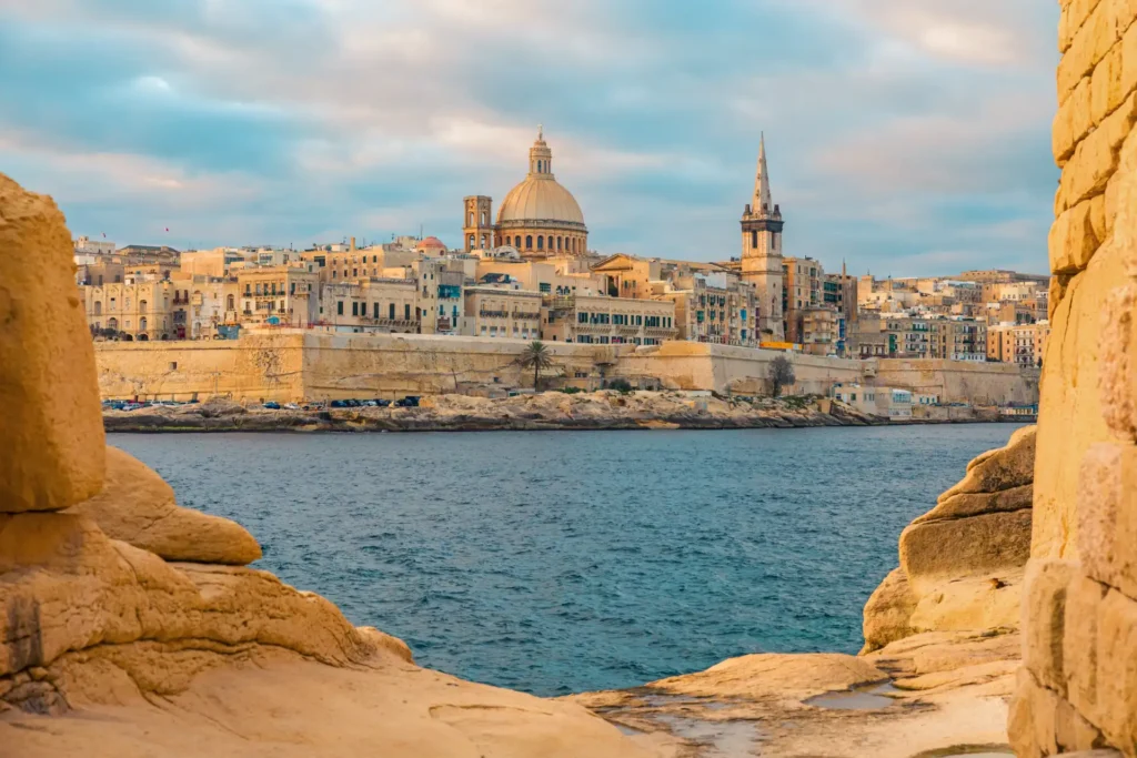 View of Valletta, Malta old town skyline from Sliema city on the other side of Marsans harbor during sunrise
