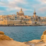 View of Valletta, Malta old town skyline from Sliema city on the other side of Marsans harbor during sunrise
