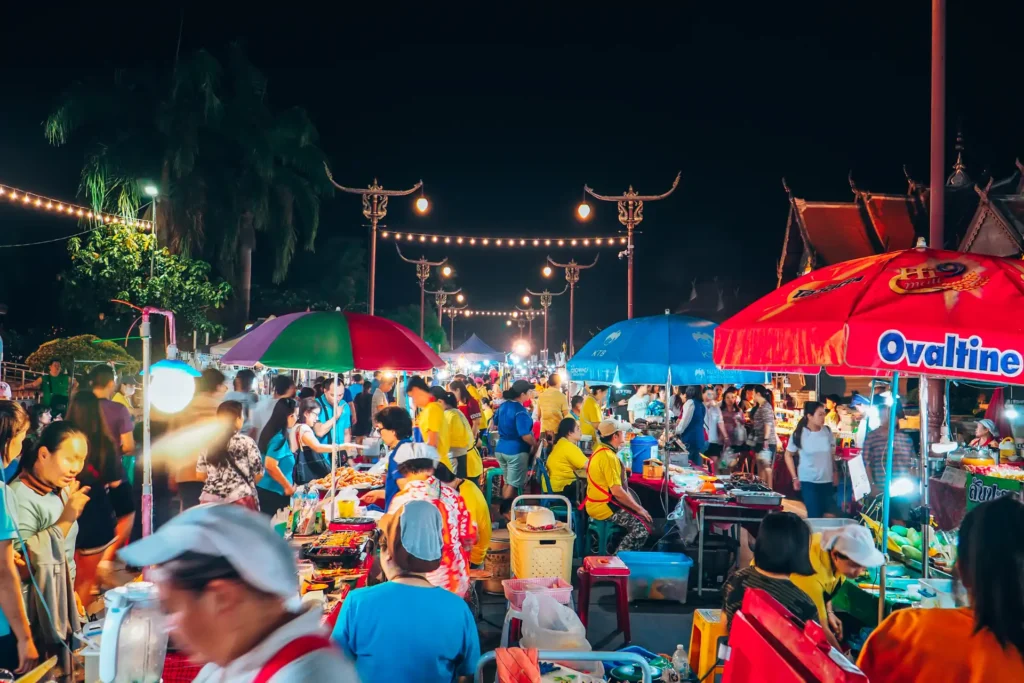 Nan, Thailand - April 26,2019 : Nan walking street have northern food and souvenir shop for tourist, Night market at Nan town.
