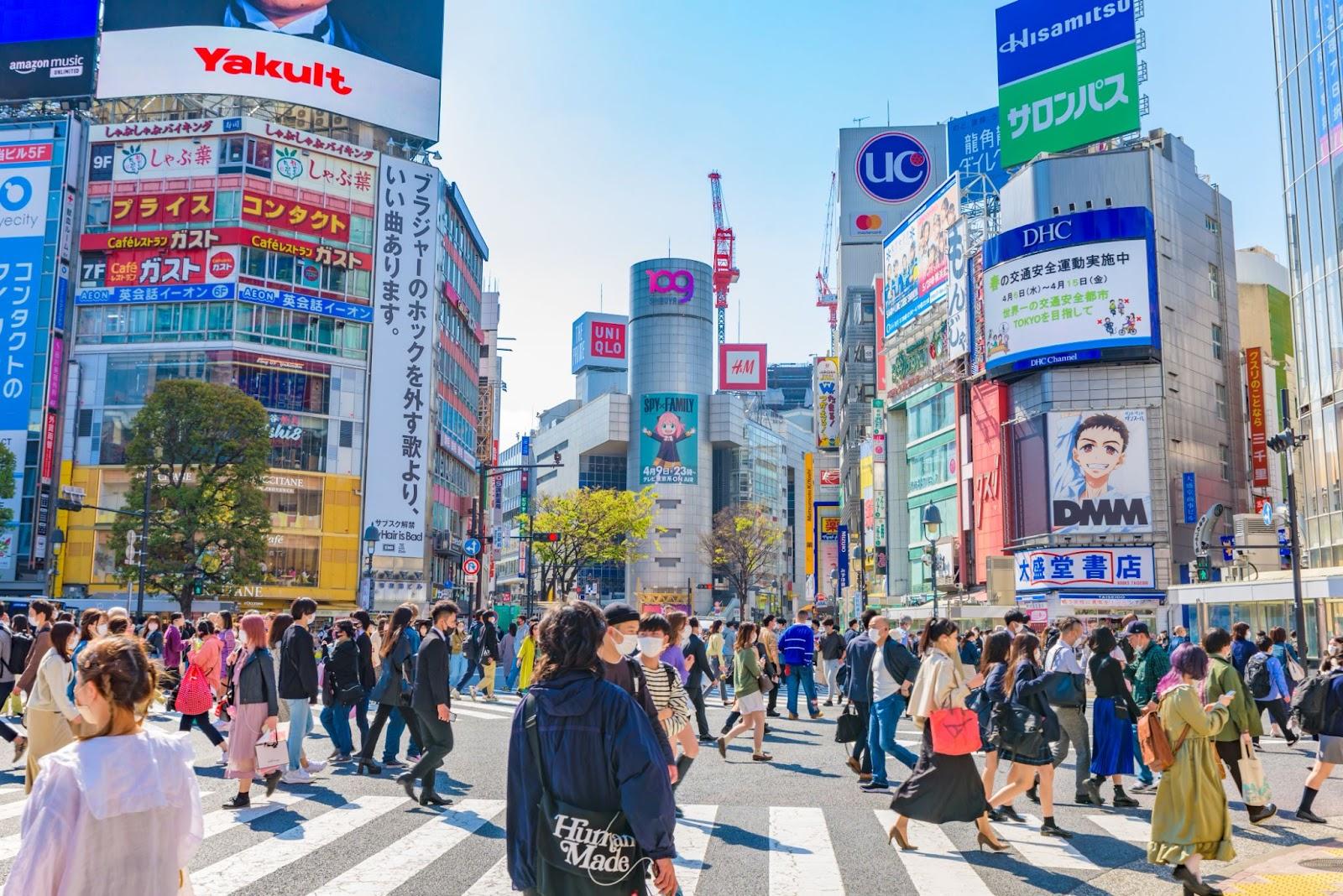 TOKYO, JAPAN - APR 8, 2022:  View of Shibuya Crossing, one of the busiest crosswalks in the world.