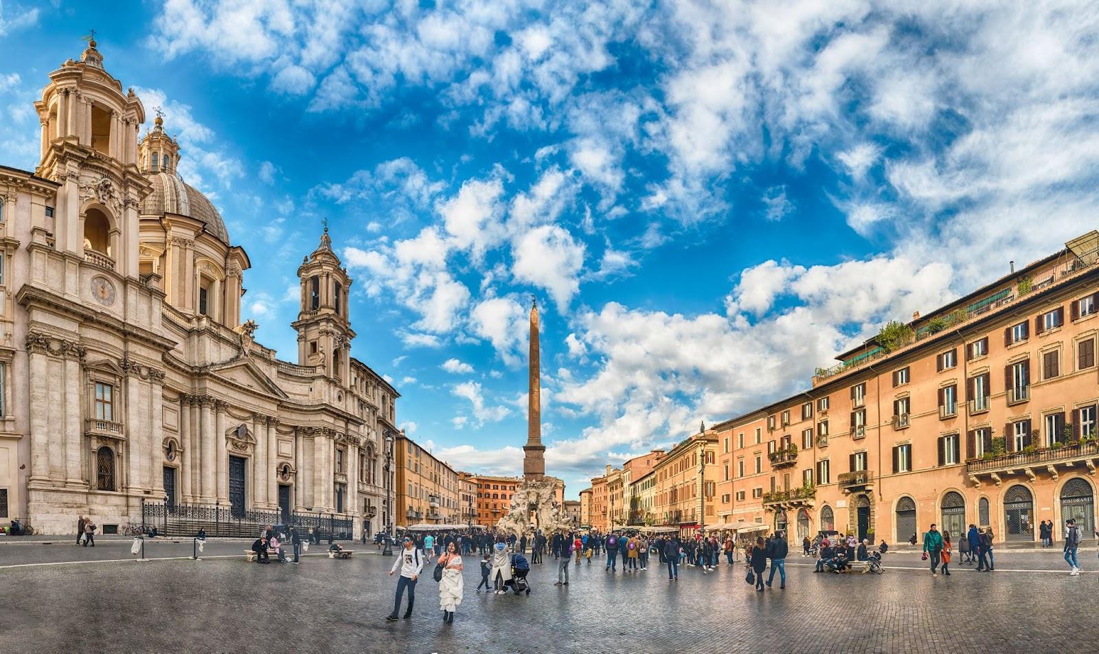 ROME - NOVEMBER 18:  Panoramic view with the Fountain of the Four Rivers in Piazza Navona, Rome, Italy, November 18, 2018. The Piazza is featured in Dan Brown's 2000 thriller movie Angels and Demons
