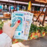 Serbian dinar notes in the hands of someone whopping at the market