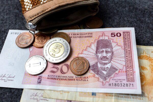 Close-up of banknotes and coins of Bosnia and Herzegovina
