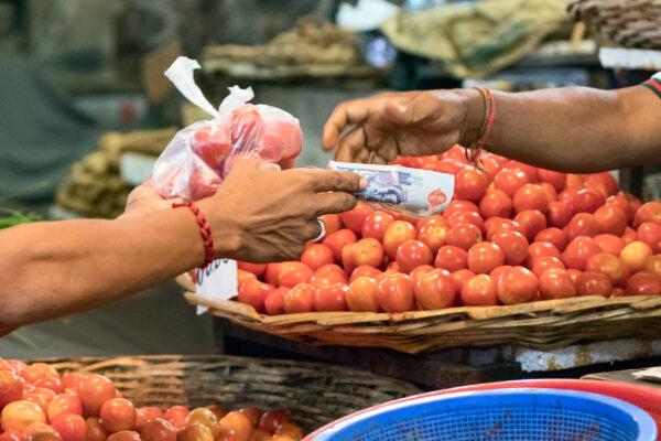 Male buyer paying with cash after buying tomatoes at the Port Louis market in Mauritius.