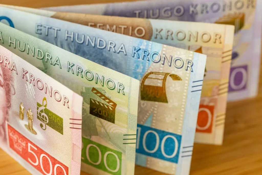 Banknotes arranged by value. Sweden currency symbol SEK