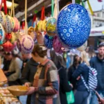 Prague, Czech Republic - April 5, 2025: Traditional Easter fair in the city center. Celebration of Easter holiday. Easter eggs painted.