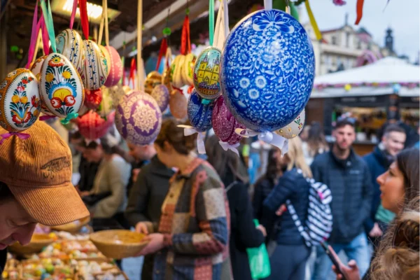 Prague, Czech Republic - April 5, 2025: Traditional Easter fair in the city center. Celebration of Easter holiday. Easter eggs painted.