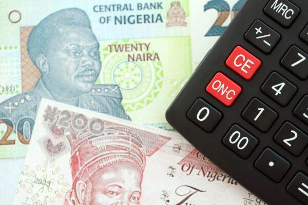 Nigerian naira currency money bills and calculator close up.