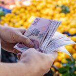 Turkish lira banknotes in male hand against the background of vegetables at the farmer's market.