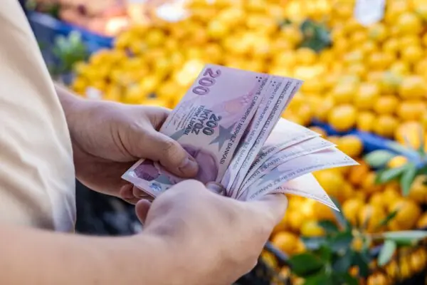 Turkish lira banknotes in male hand against the background of vegetables at the farmer's market.