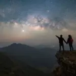 Portrait of an Asian couple, tourists, travel at Doi Tung, Chiang Rai, Thailand with mountain hills, the milky way in galaxy with stars at night. Universe space landscape background. People lifestyle.