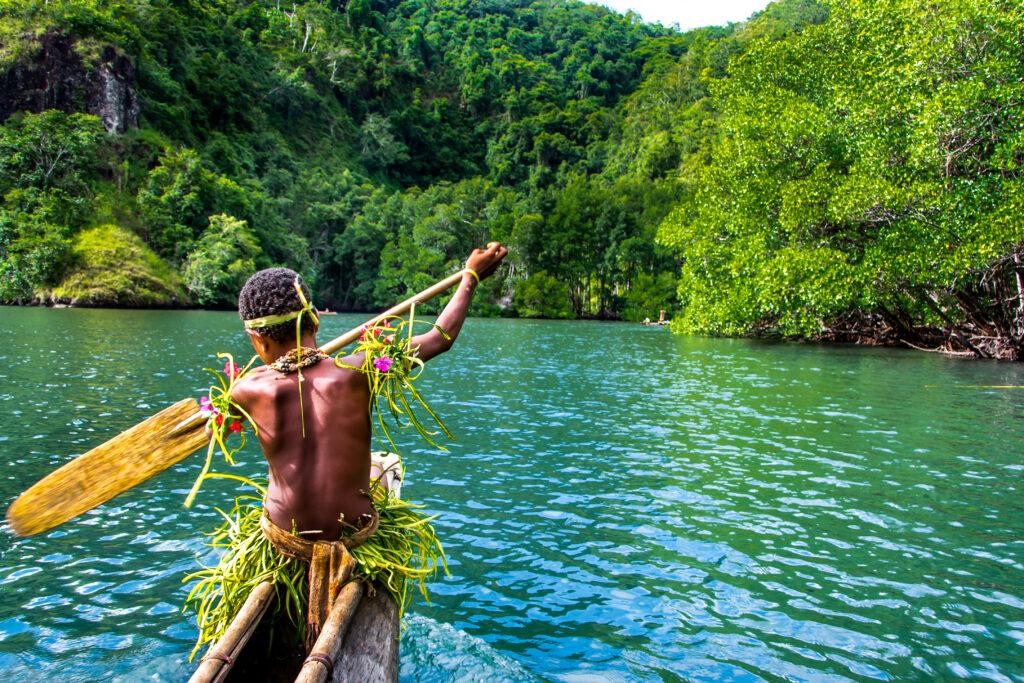 Yang sportive indigenous tribal boy with a paddle in a traditional canoe, natural green jungle with mangrove trees background, Melanesia, Papua New Guinea, Tufi