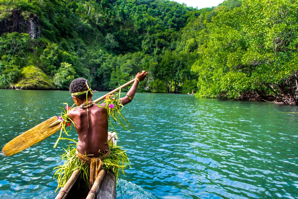 Yang sportive indigenous tribal boy with a paddle in a traditional canoe, natural green jungle with mangrove trees background, Melanesia, Papua New Guinea, Tufi